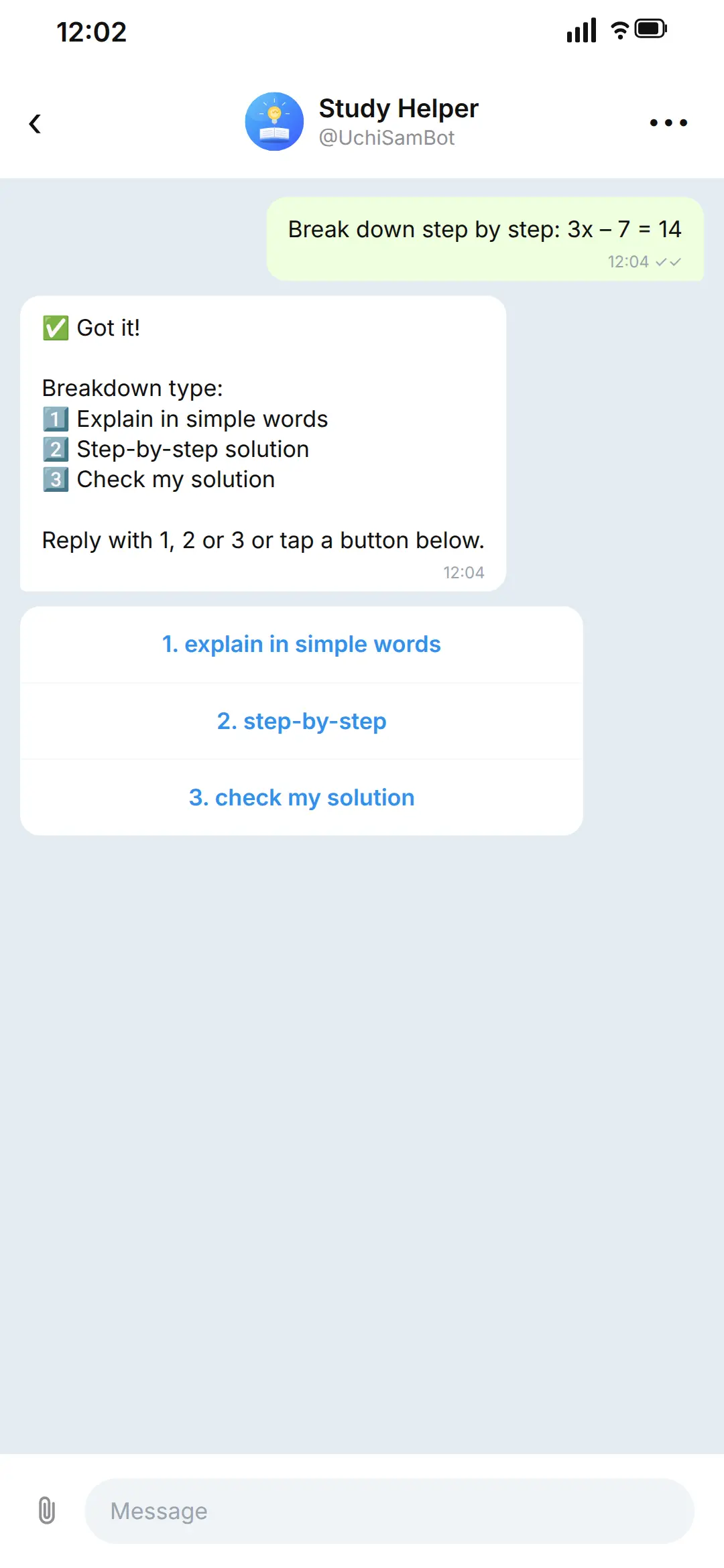 Sending a homework task to UchiSamBot